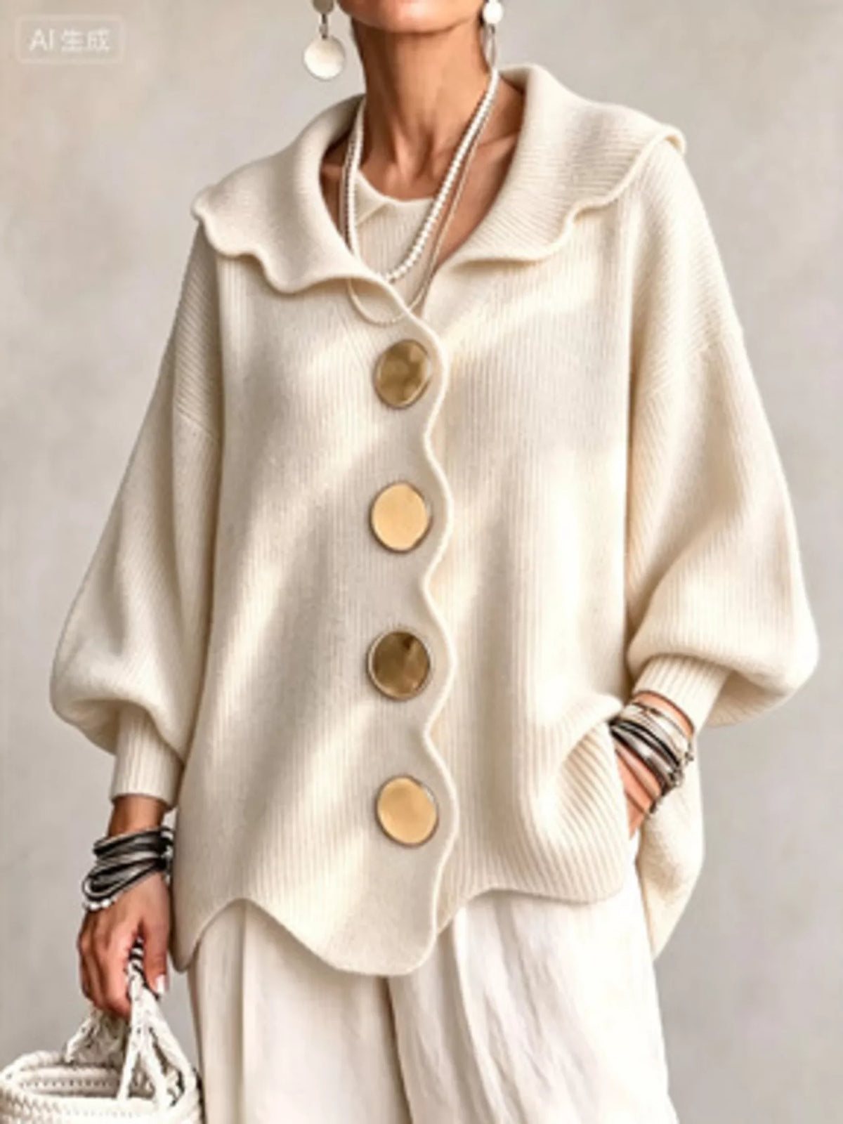 Full Size Scalloped-Edge Button-Down Cardigan Plus Size - Beige - View 1