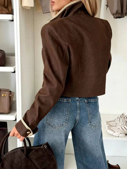 Double-Breasted Cropped Jacket - Brown - View 4