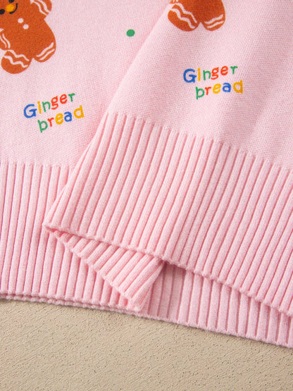 Gingerbread Pattern Long Sleeve Round Neck Sweater - Blush Pink - View 10