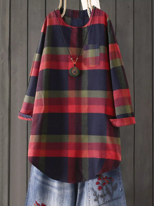 Vintage Plaid Loose Casual Long Sleeve Dress - Red And Blue-Plaid - View 1