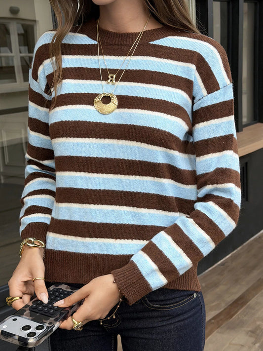 Striped Crew Neck Knit Sweater - Stripe - View 1