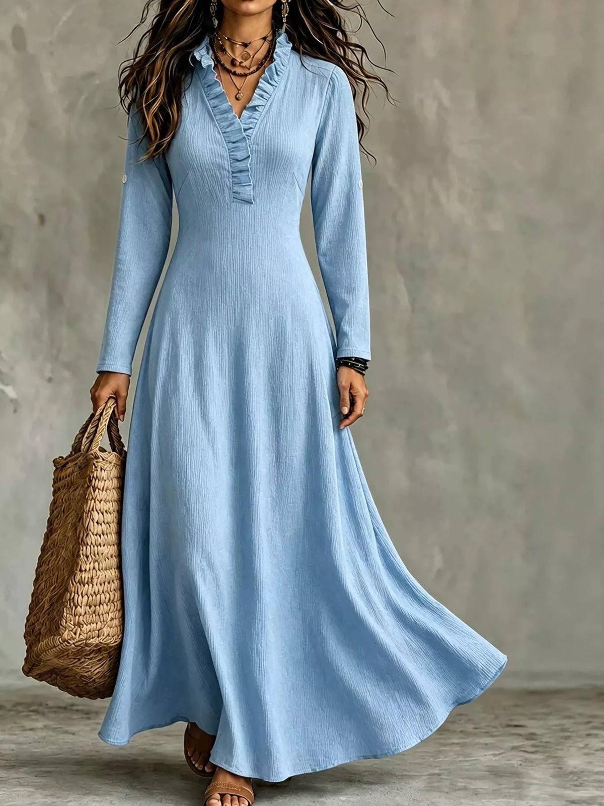 Full Size Frill Roll-Up Sleeve Maxi Dress Plus Size - Sky Blue - View 32
