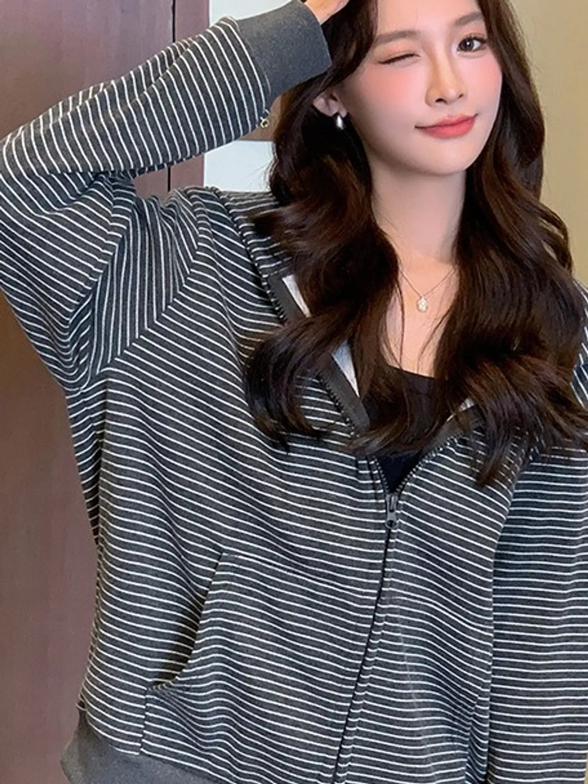 Striped Zip-Up Hoodie - Dark Gray - View 10