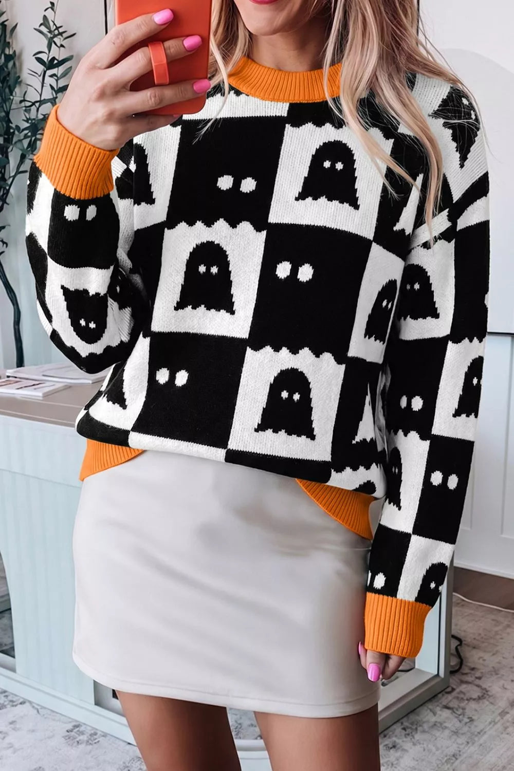 Halloween Ghost Pattern Checkerboard Sweater - Black - View 6