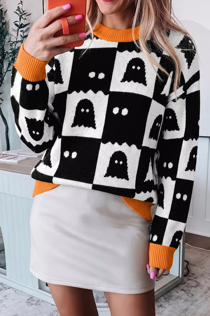 Halloween Ghost Pattern Checkerboard Sweater - Black - View 6