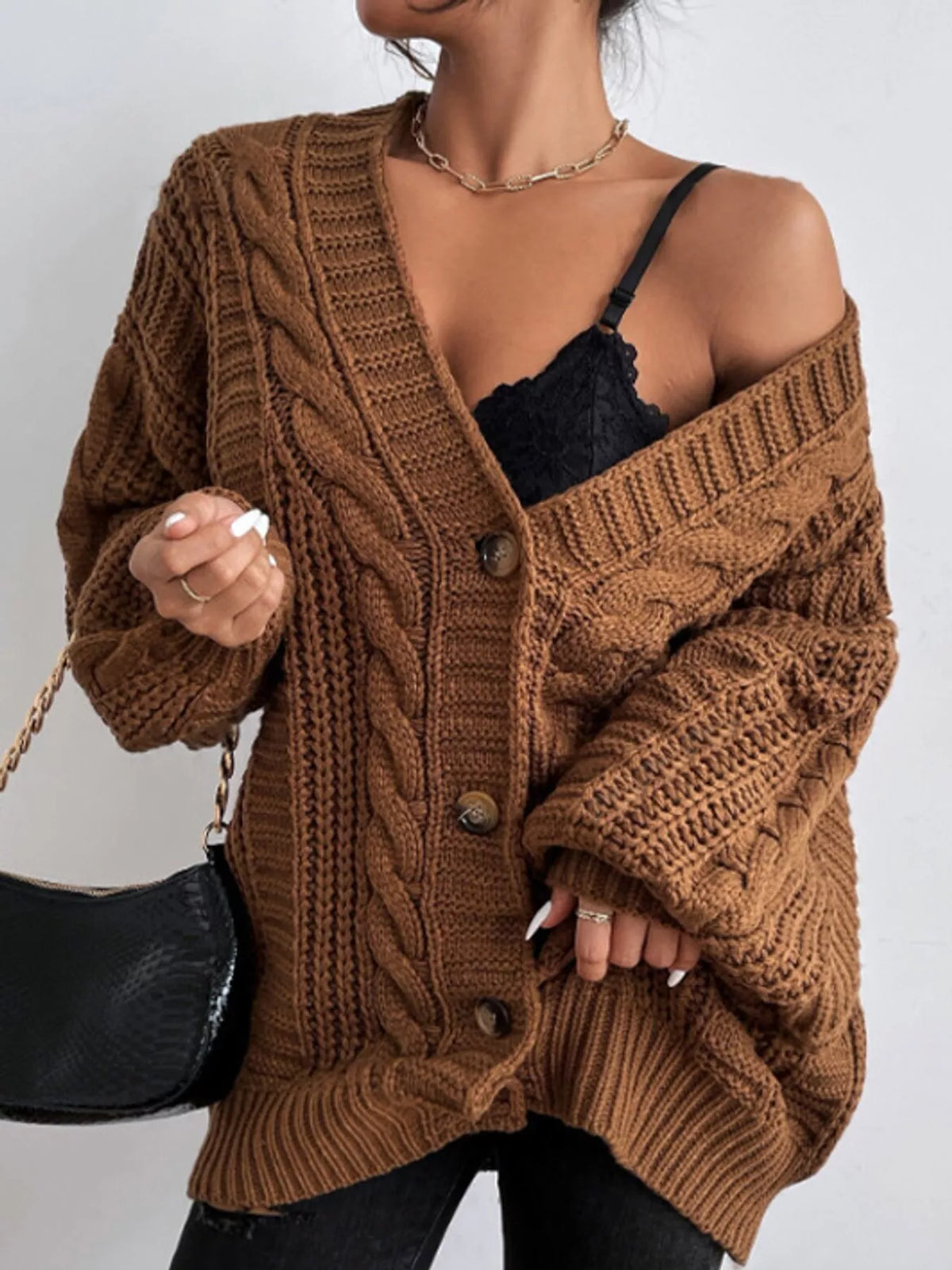 Cable Knit Button-Down Cardigan - Dark Brown - View 2