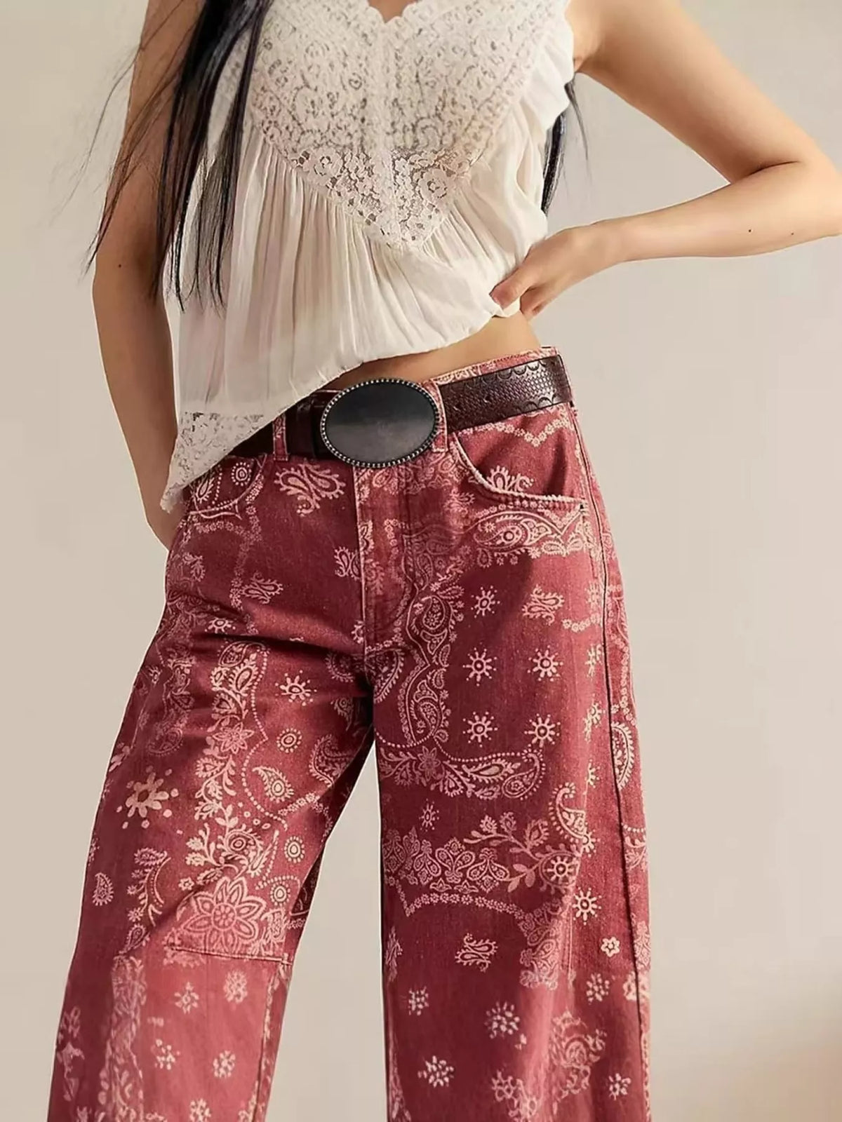 Printed Wide-Leg Jeans - Red - View 3