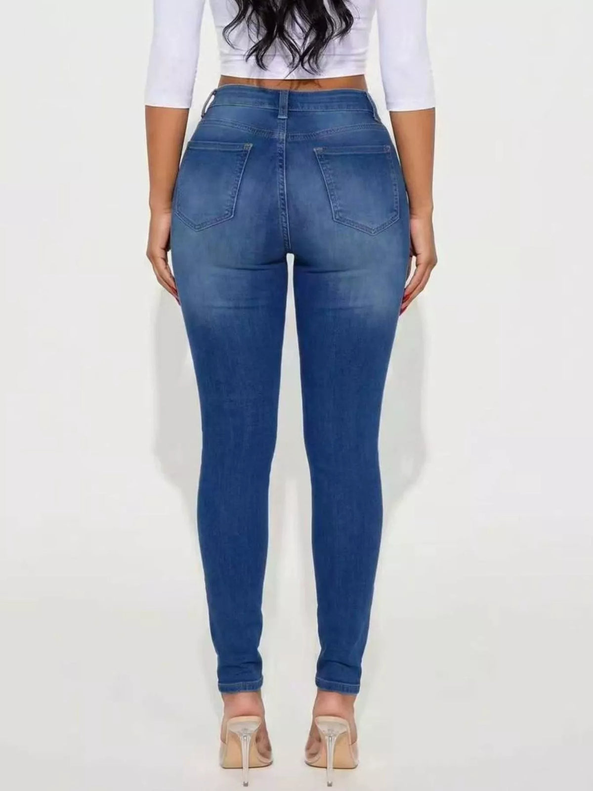High-Waisted Distressed Skinny Jeans - Peacock  Blue - View 2