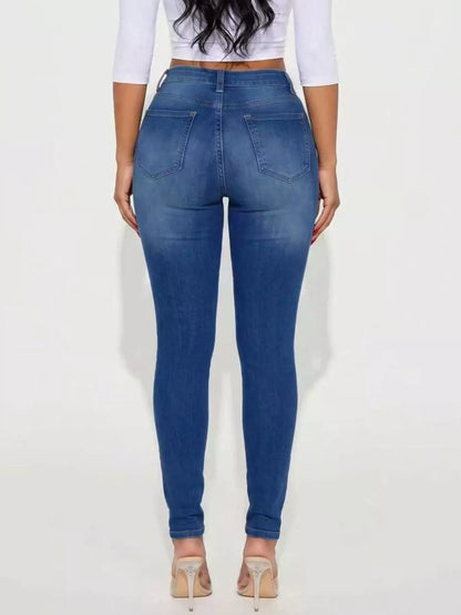 High-Waisted Distressed Skinny Jeans - Peacock  Blue - View 2
