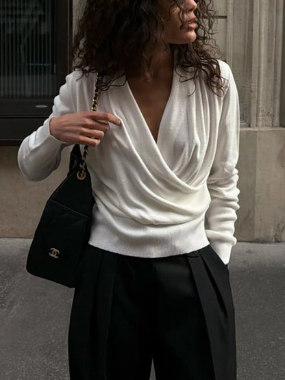 Wrap Front Long Sleeve Sweater - White - View 2