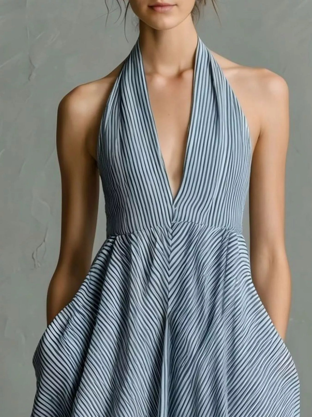 Full Size Striped Halter Neck Maxi Dress with Pockets Plus Size - Light Blue - View 2