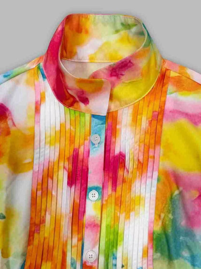 Watercolor Print Long-Sleeve Button-Down Maxi Dress - Multicolor - View 2