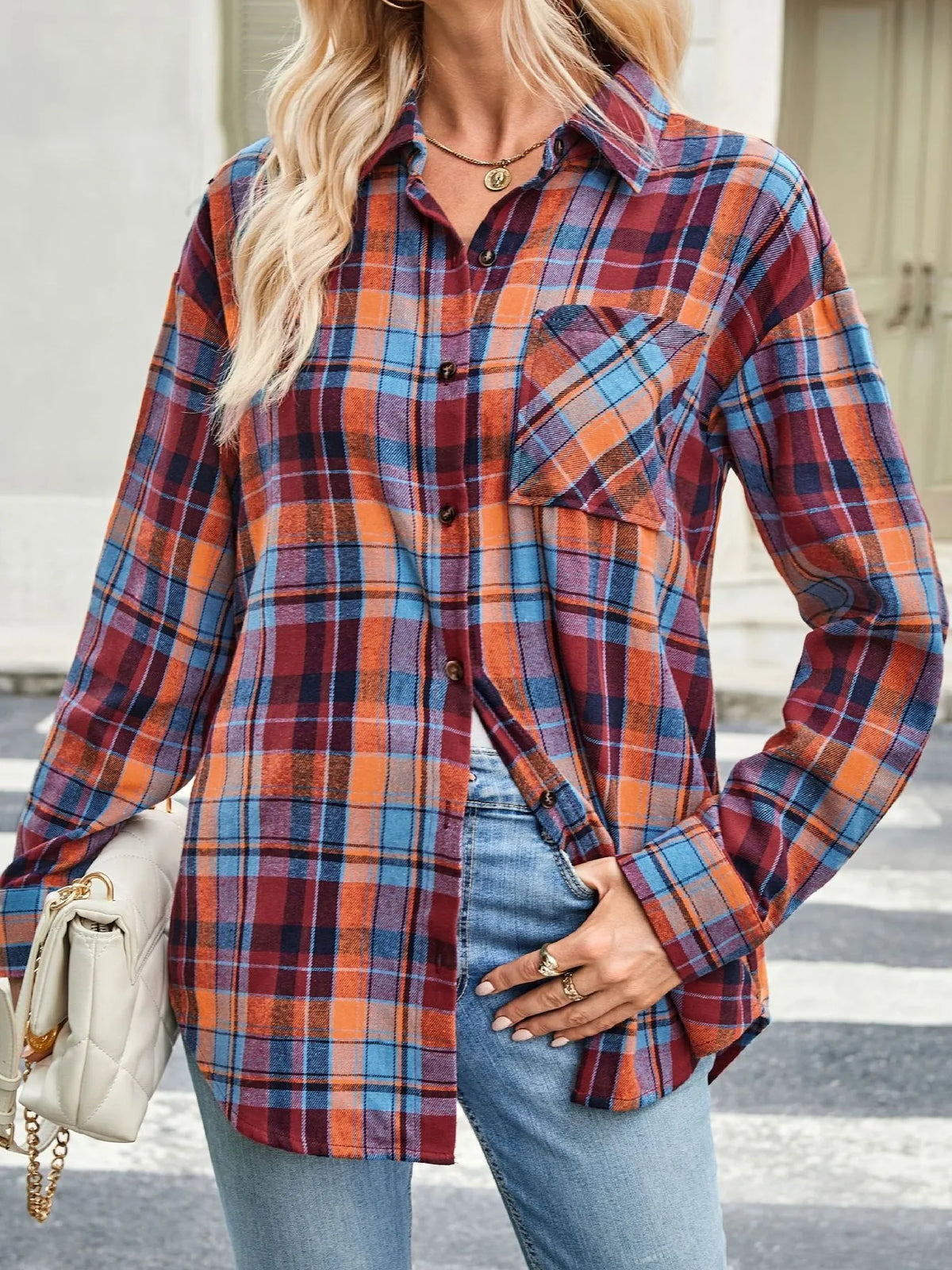 Plaid Button Up Long Sleeve Shirt - Red - View 23