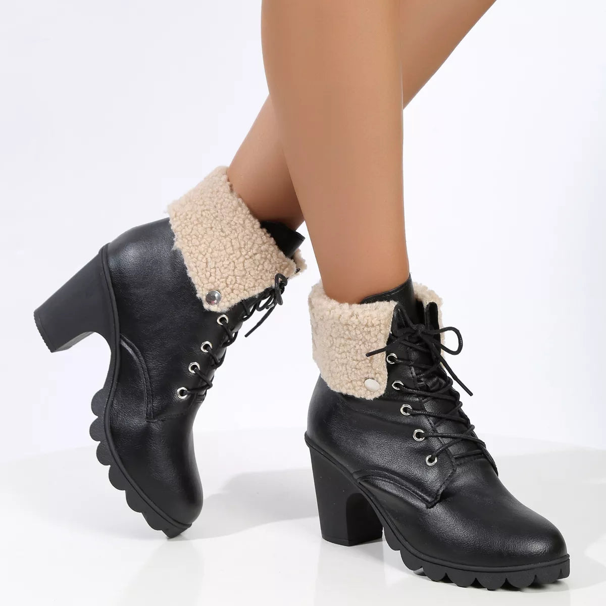 Lace Up Block Heels Boots - Black - View 10