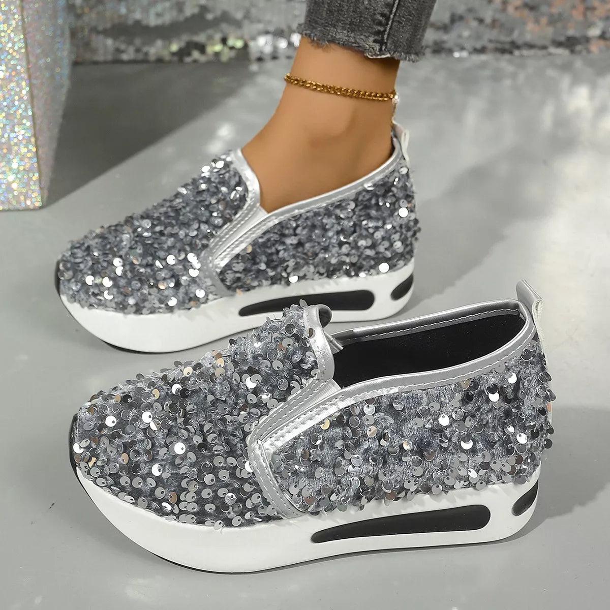 Sequin Round Toe Slip-Ons - Grey - View 4