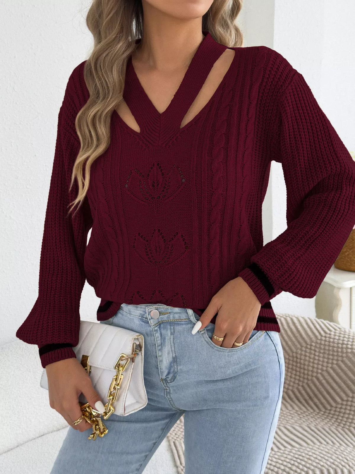 Cutout Cable Knit Sweater - Burgundy - View 1