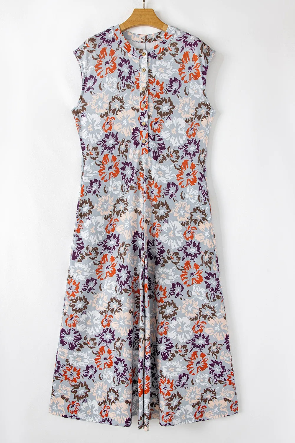 Floral Sleeveless Button Front Wide Leg Jumpsuit - Floral - View 5