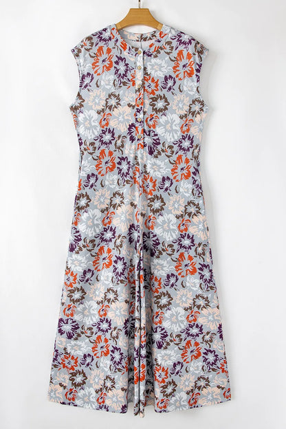 Floral Sleeveless Button Front Wide Leg Jumpsuit - Floral - View 5
