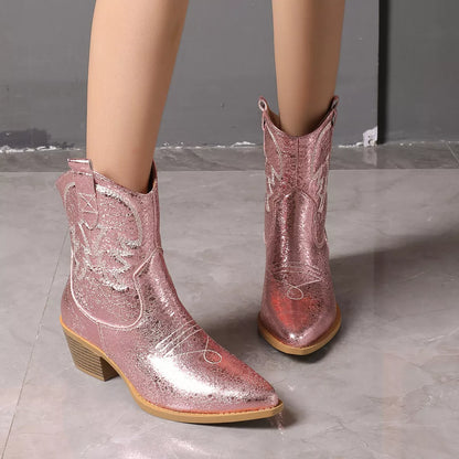 Point Toe Block Heels Boots - Pink - View 1