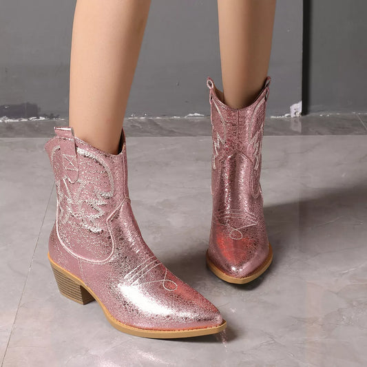 Point Toe Block Heels Boots - Pink - View 1