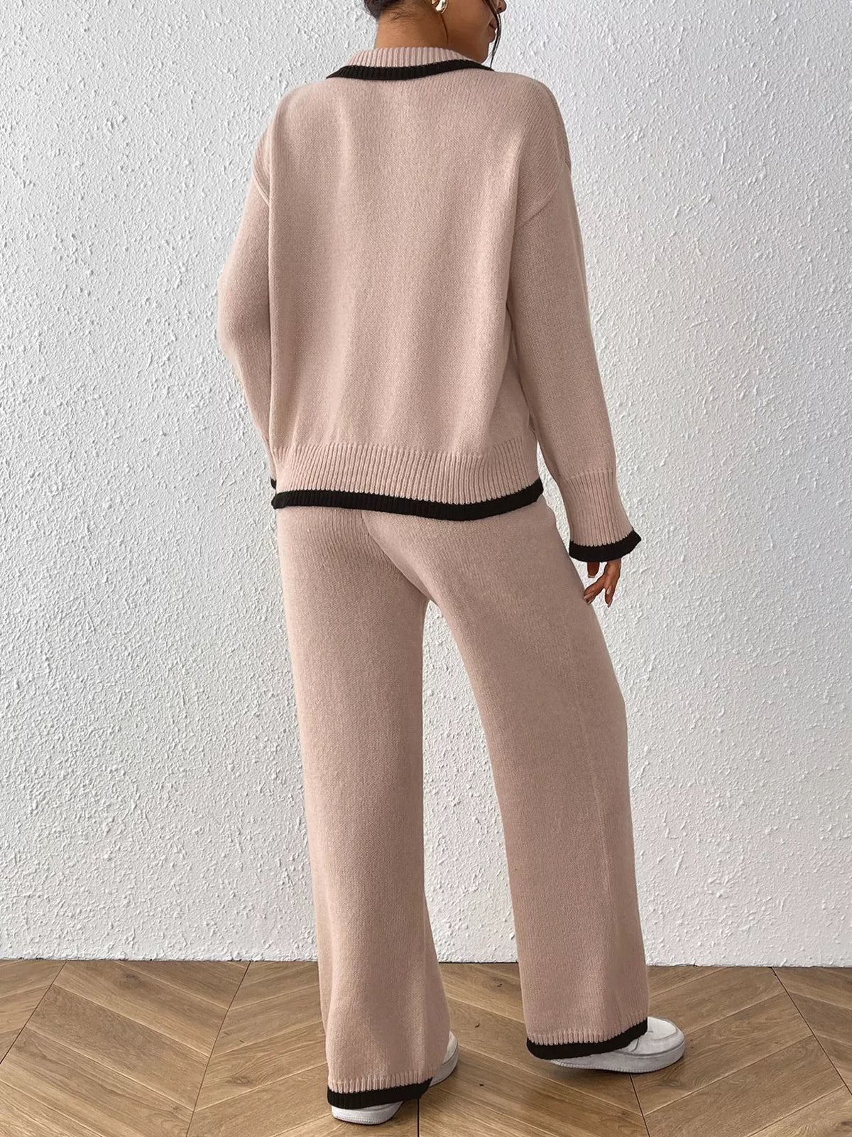 Contrast Trim Polo Collar Top and Pants Sweater Set - Dust Storm - View 7