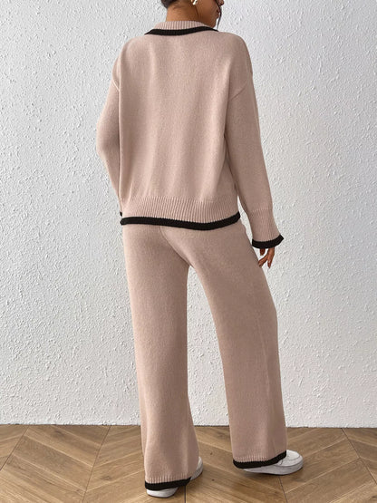 Contrast Trim Polo Collar Top and Pants Sweater Set - Dust Storm - View 7