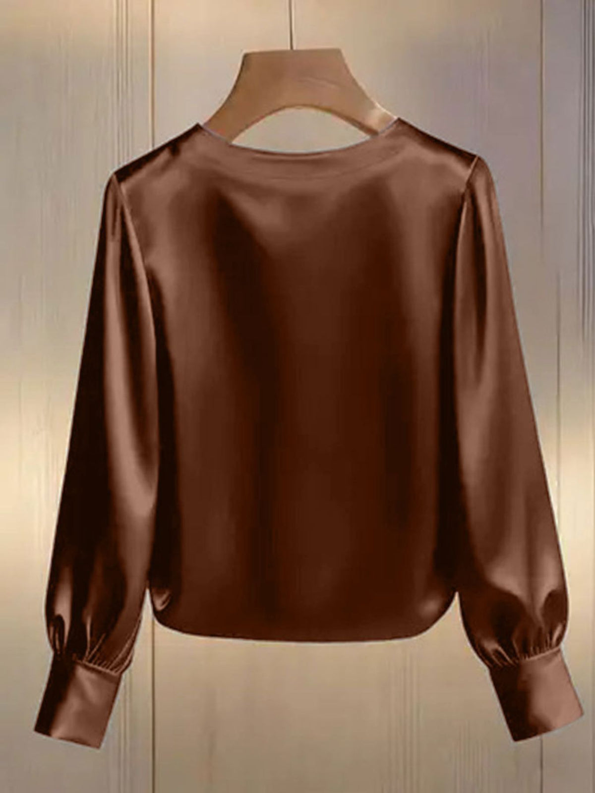 Pearl Trim Round Neck Satin Blouse - Brown - View 16