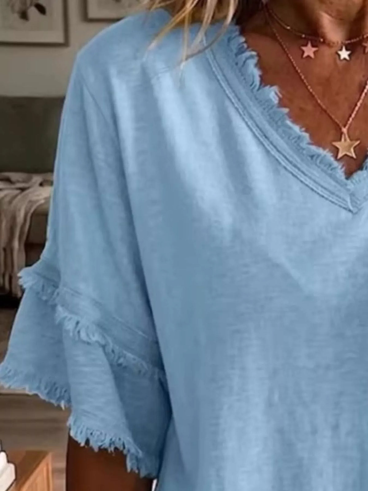 Full Size Frayed Edge V-Neck Blouse Plus Size - Light Blue - View 2