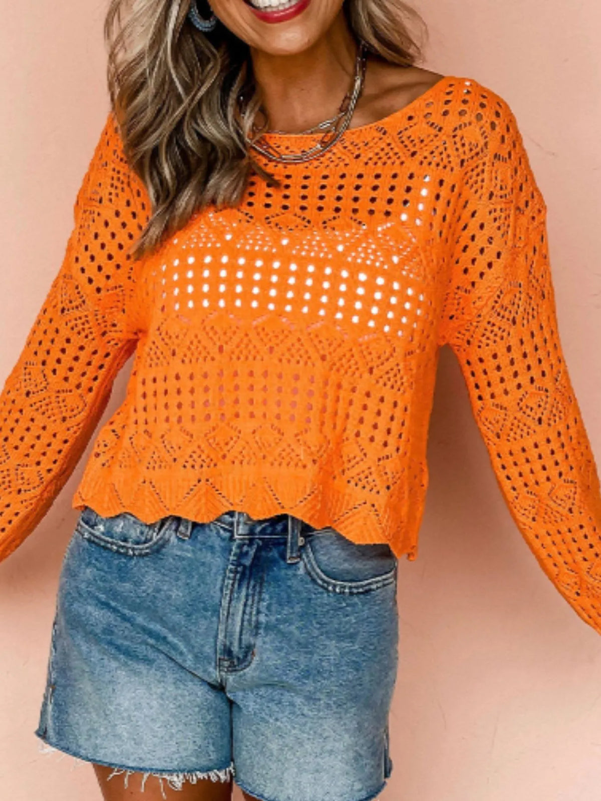 Crochet Boat Neck Knit Cover Up - Orange - View 5