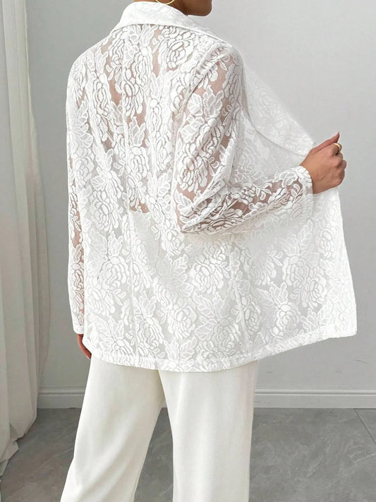 Lace Lapel Collar Long Sleeve Blazer - White - View 2