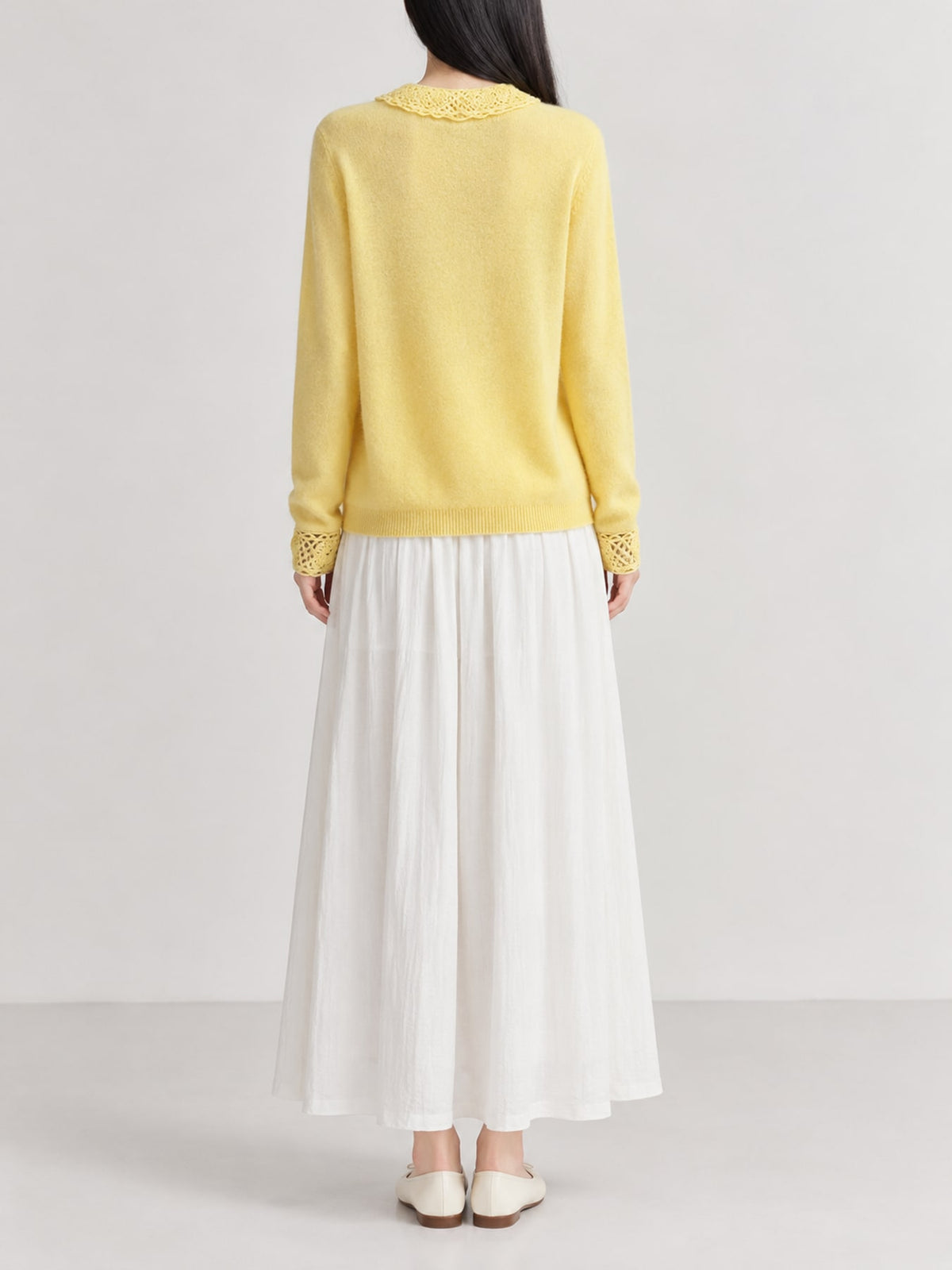 Lace-Collar Button Down Knit Cardigan - Yellow - View 25