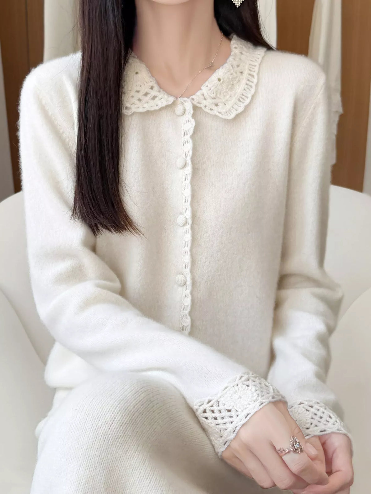 Lace-Collar Button Down Knit Cardigan - White - View 16