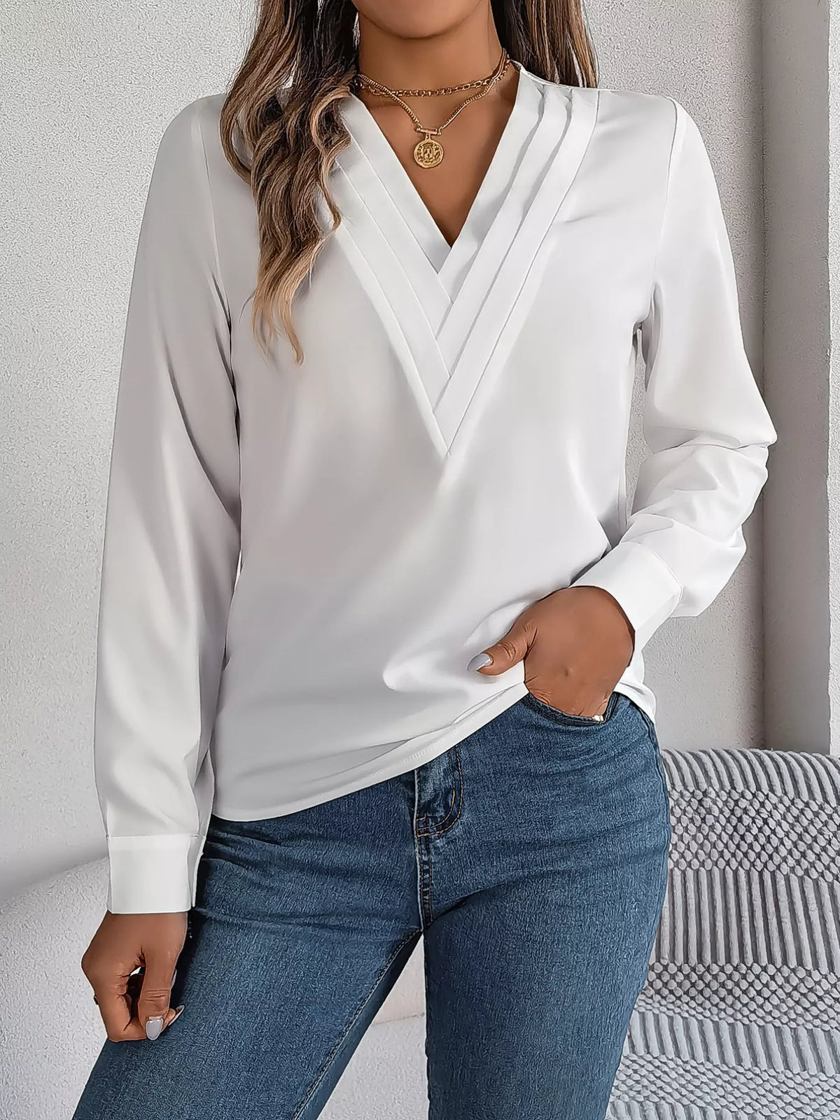 Layered V-Neck Long Sleeve Blouse - White - View 33