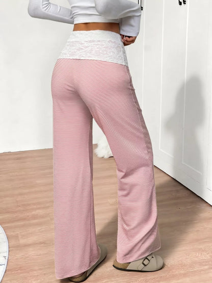 Lace Detail Striped Pants - Pink - View 5