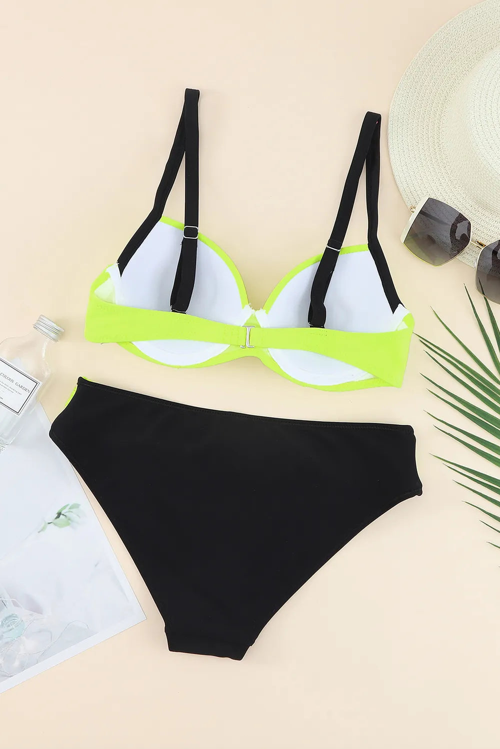 Contrast Sweetheart Neck Bikini Set - Neon Yellow - View 5