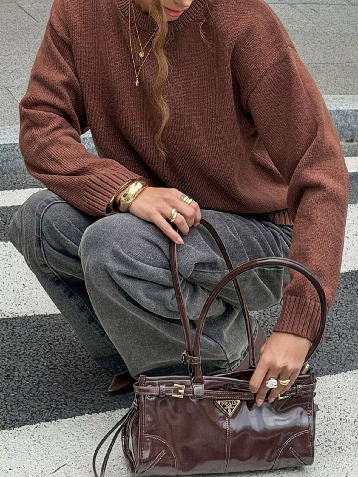 Crew Neck Ribbed Hem Sweater - Brown - View 4
