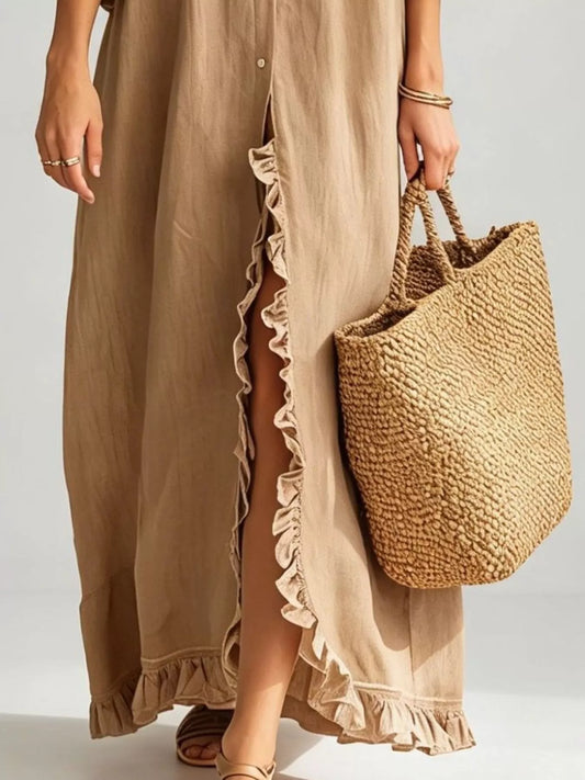 Full Size Ruffled Trim Button-Down Maxi Shirt Dress Plus Size - Khaki - View 2
