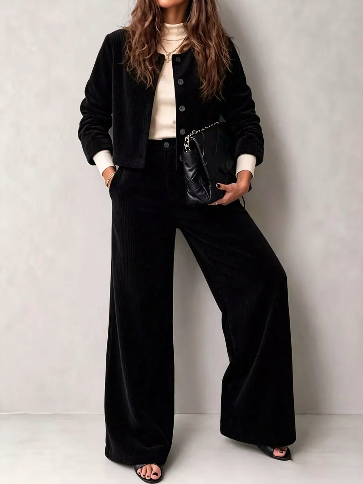 Full Size Corduroy Button-Down Jacket and Wide-Leg Pants Two-Piece Set Plus Size - Black - View 13