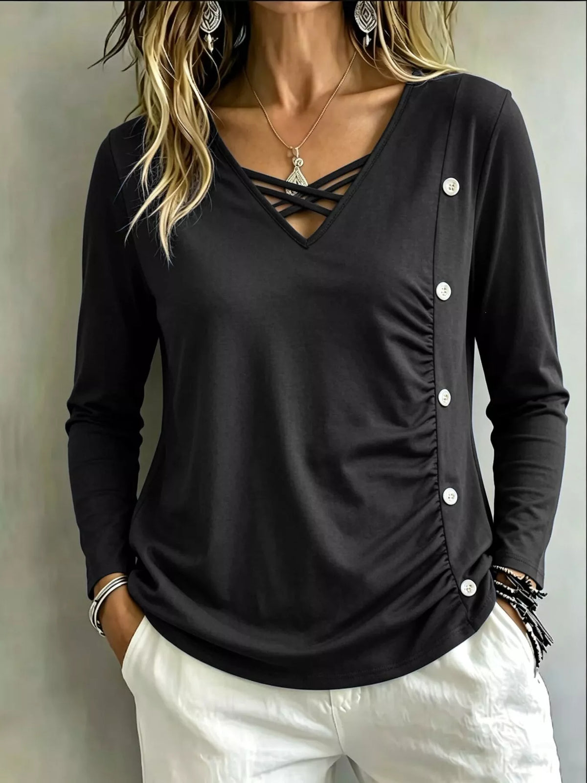 Plus Size Decorative Button Criss-Cross Long Sleeve Top - Dark Gray - View 1