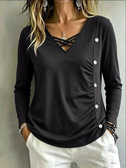 Plus Size Decorative Button Criss-Cross Long Sleeve Top - Dark Gray - View 1
