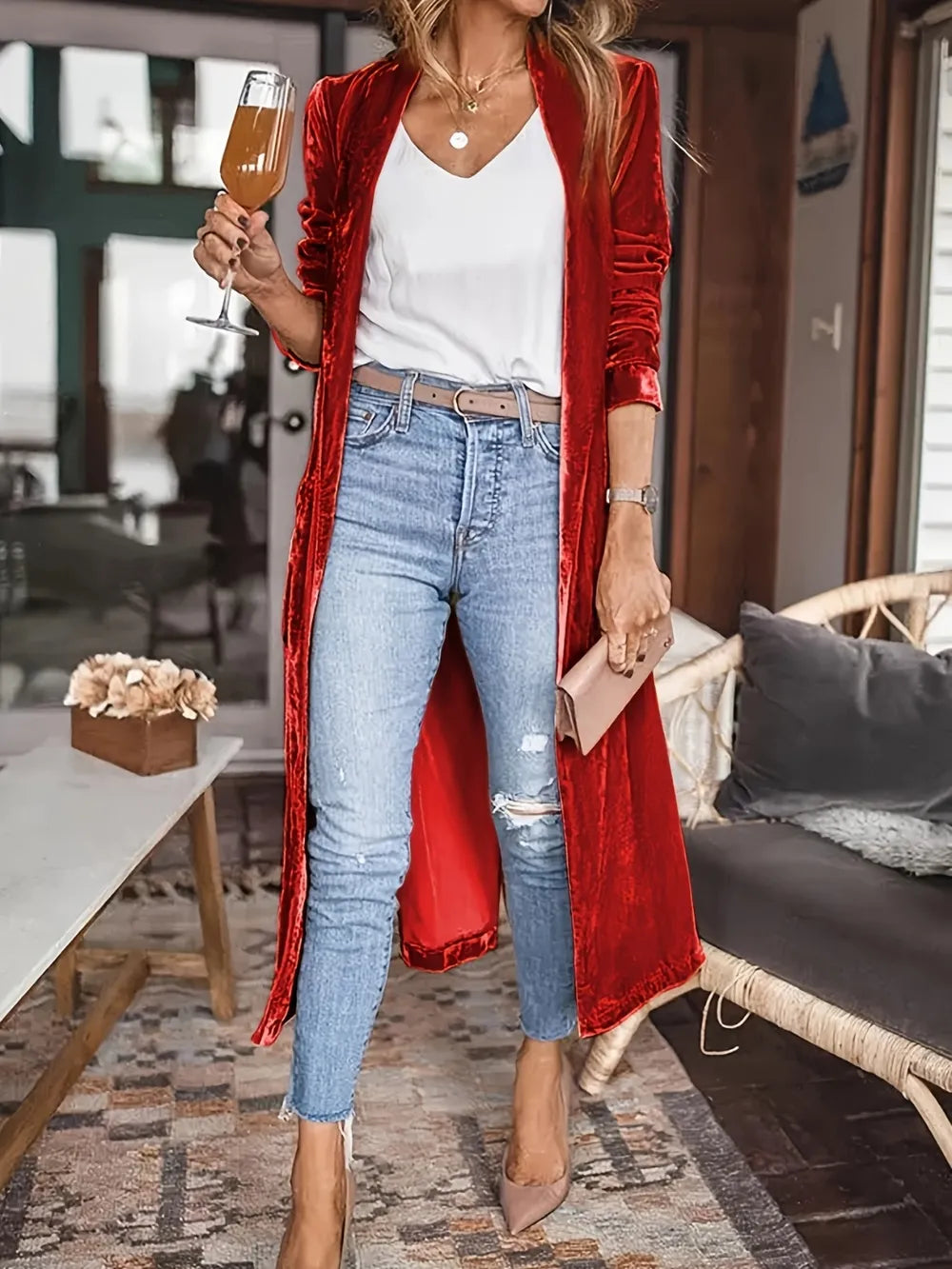 Open Front Long Sleeve Coat - Burgundy - Front View