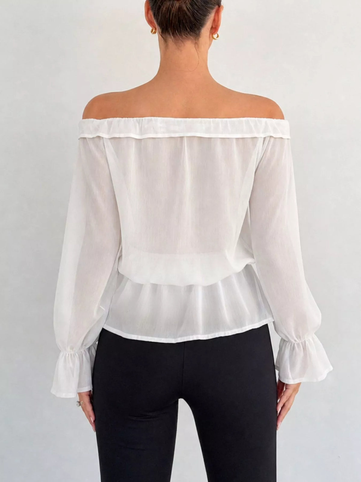 Off-Shoulder Flounce Sleeve Chiffon Blouse - White - View 5