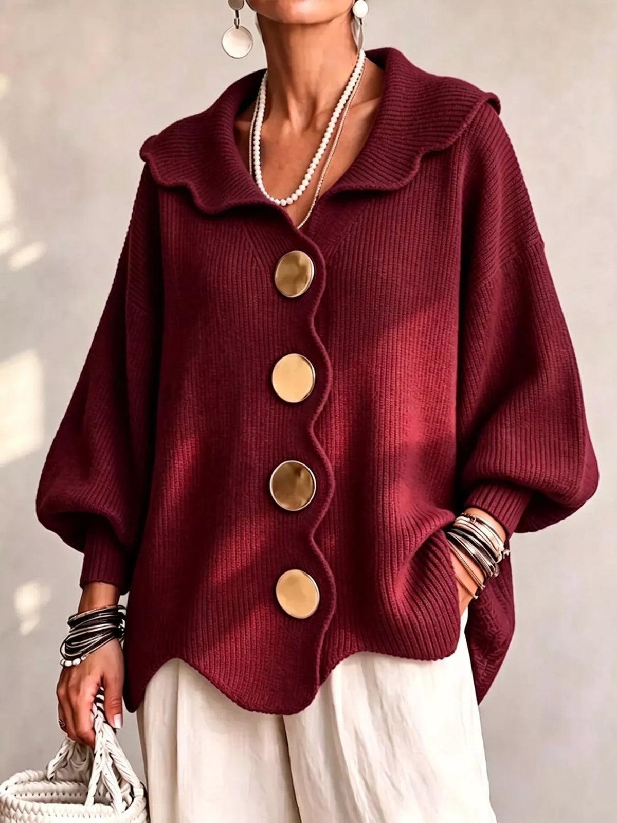 Full Size Scalloped-Edge Button-Down Cardigan Plus Size - Burgundy - View 1