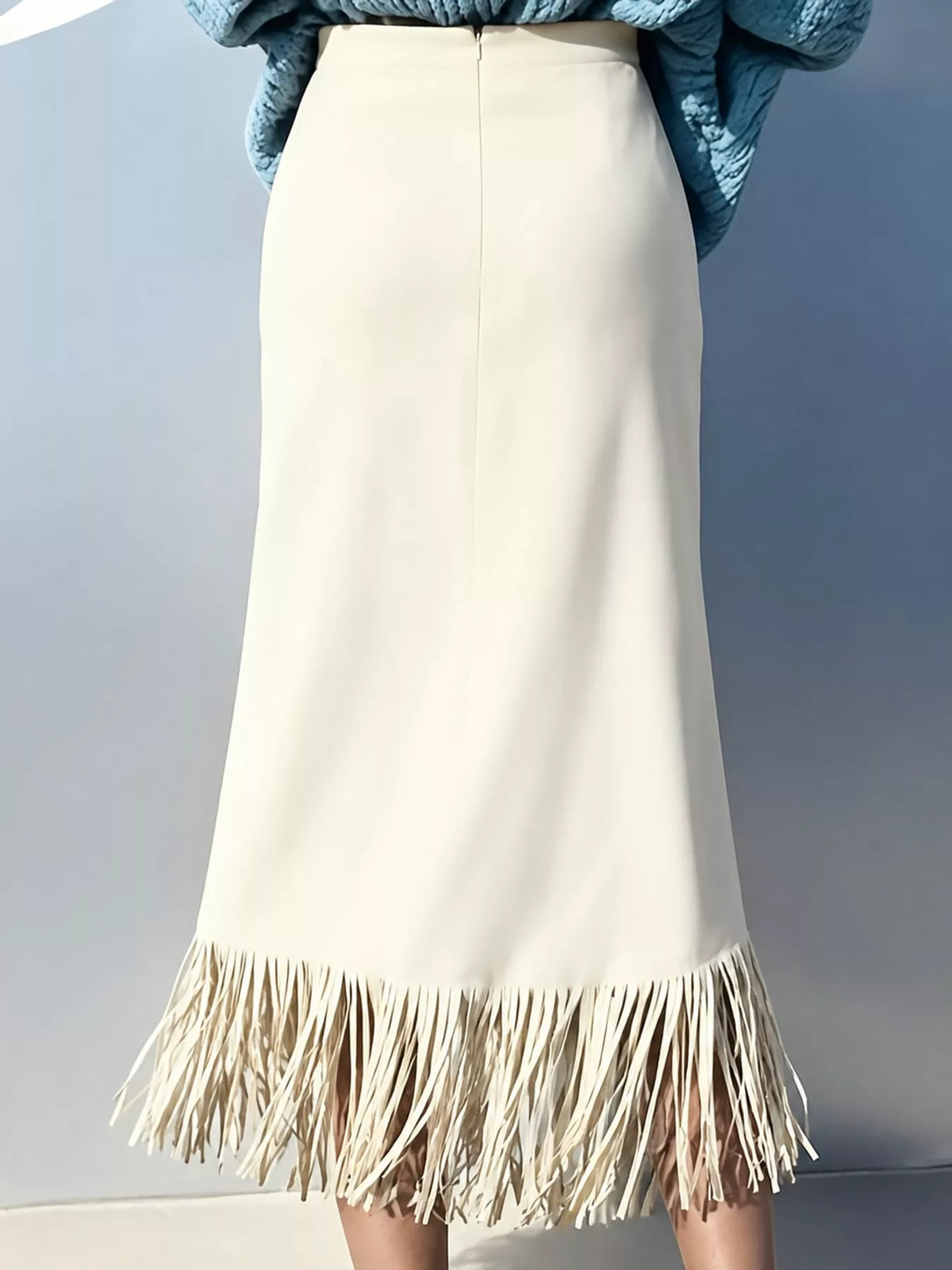 High-Waisted Fringe Midi Skirt - Off White - View 12