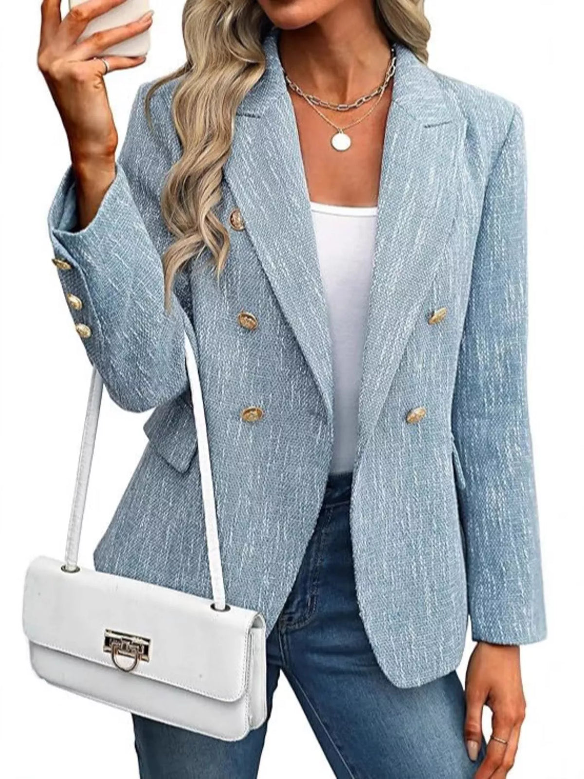 Double-Breasted Lapel Collar Blazer - Light Blue - View 7