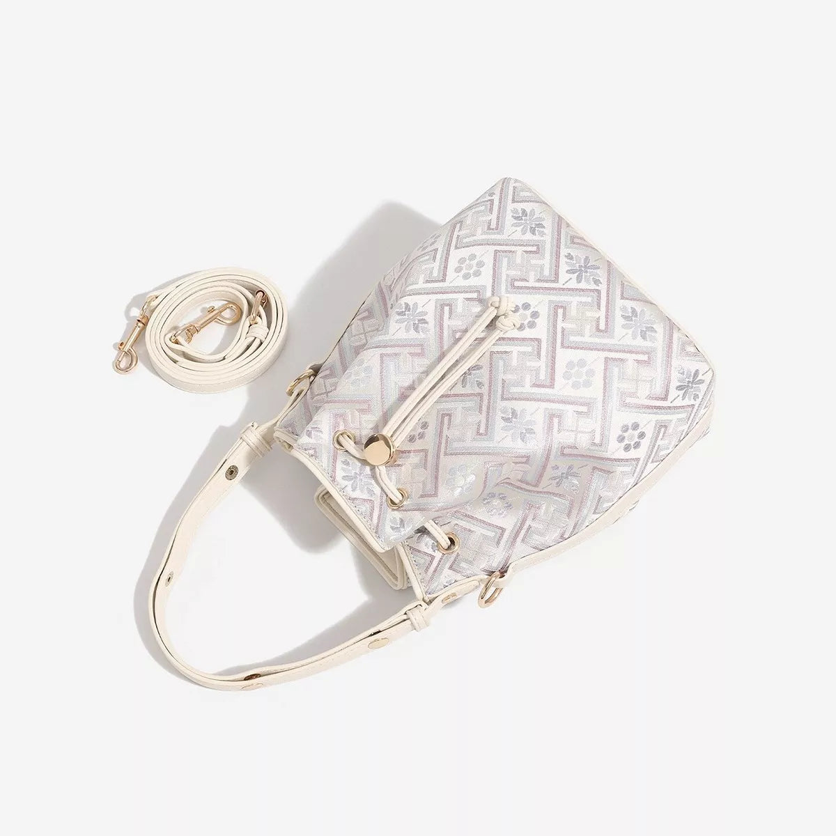 Geometric Pattern Drawstring Crossbody Bucket Bag - Cream - View 2