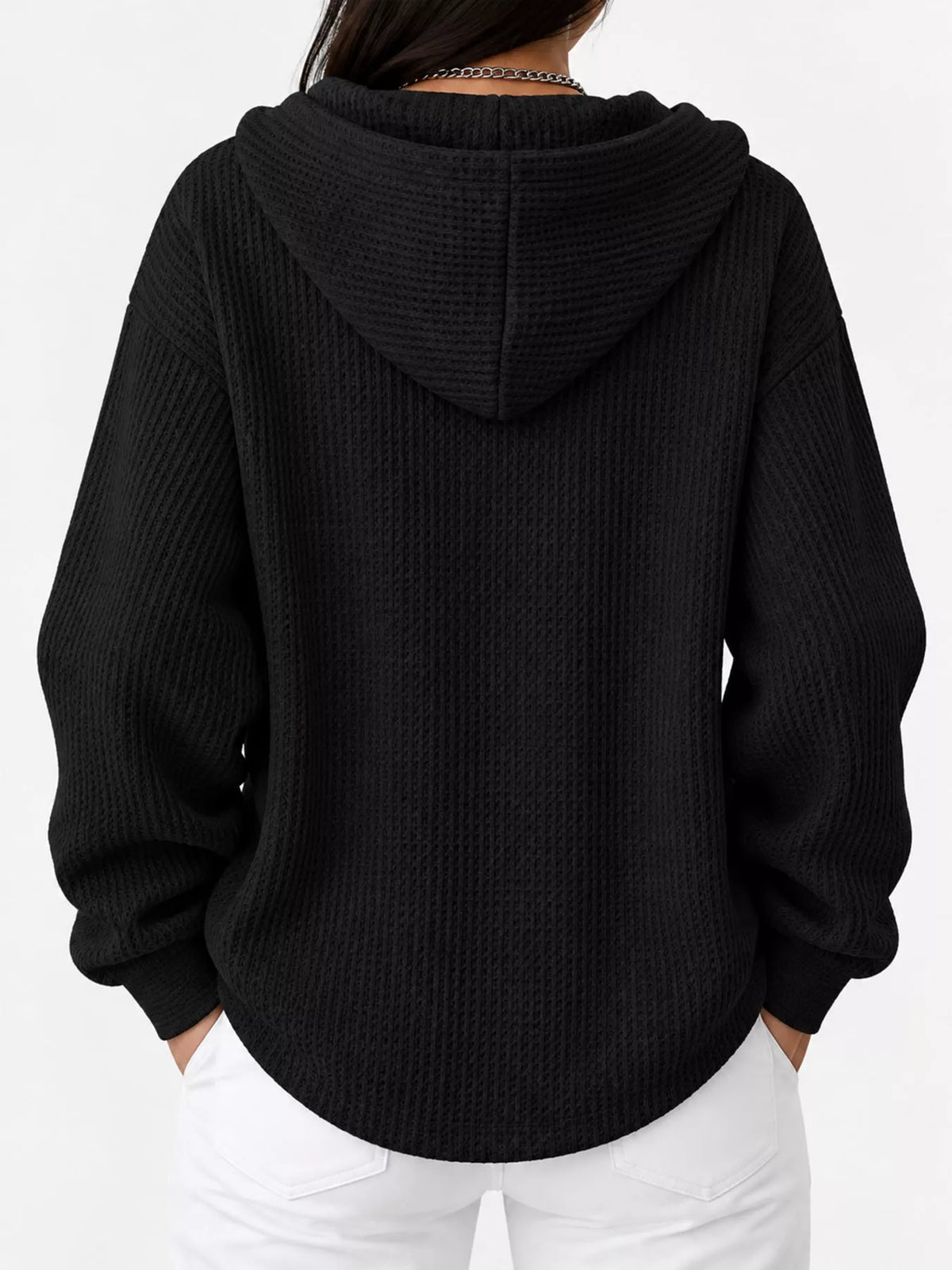 Full Size Waffle Knit Button Detail Hoodie Plus Size - Black - View 22