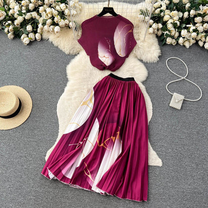 [EWQ] Elegant Short sleeved women's shirt+high waisted pleated skirt trend  2-piece set Summer vacation party clothing