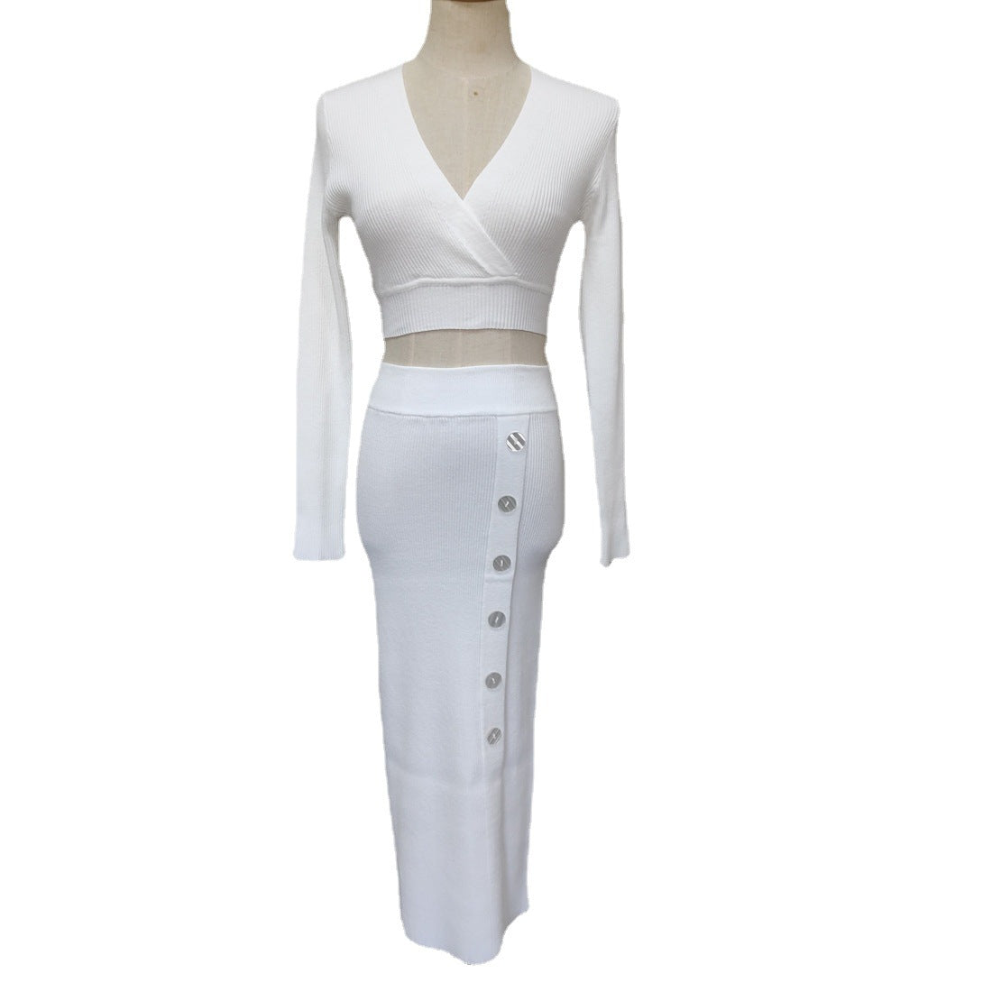 Sexy Knitted Dress Set with Long Sleeve V-neck Waist and Exposed Umbilical Top+Button Split Skirt