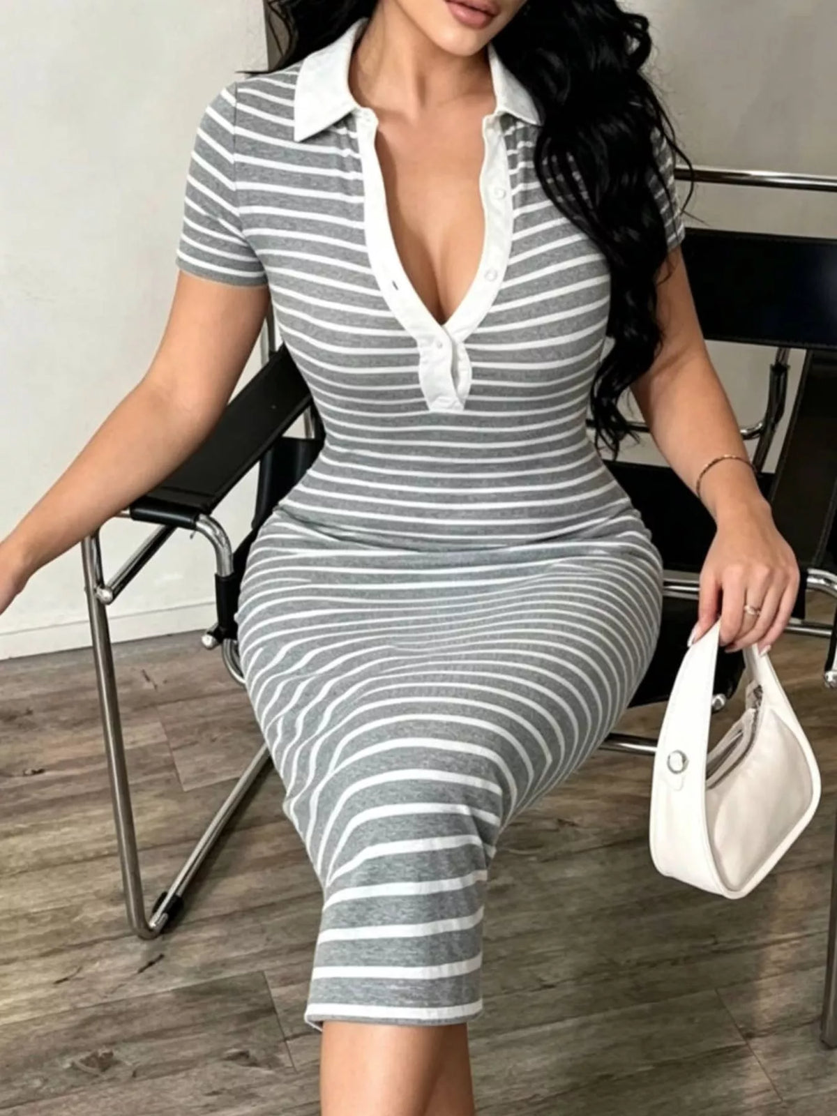 Striped Short Sleeve Bodycon Midi Dress - Gray - View 1